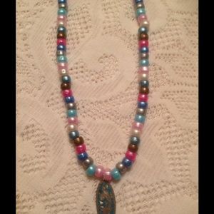 Turquoise Lily Pendant Ocean Color Bead Necklace